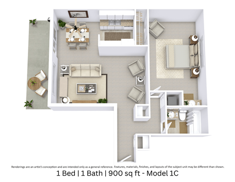 Floor plan for 1 bed, 1 bath, 900 sqft